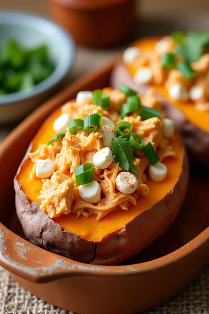 Buffalo Chicken Stuffed Sweet Potatoes