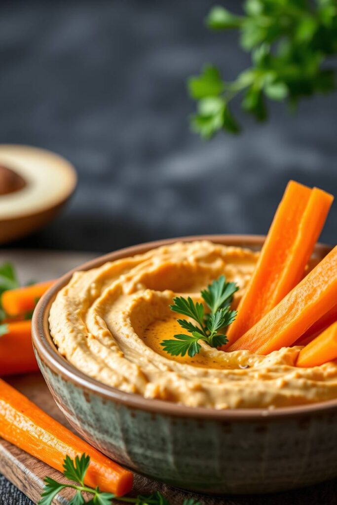 Hummus with Carrot and Cucumber Sticks