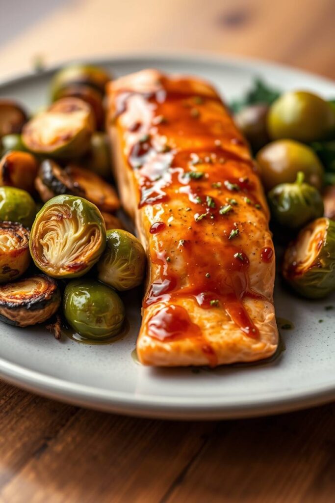 Maple Dijon Glazed Salmon with Roasted Brussels Sprouts