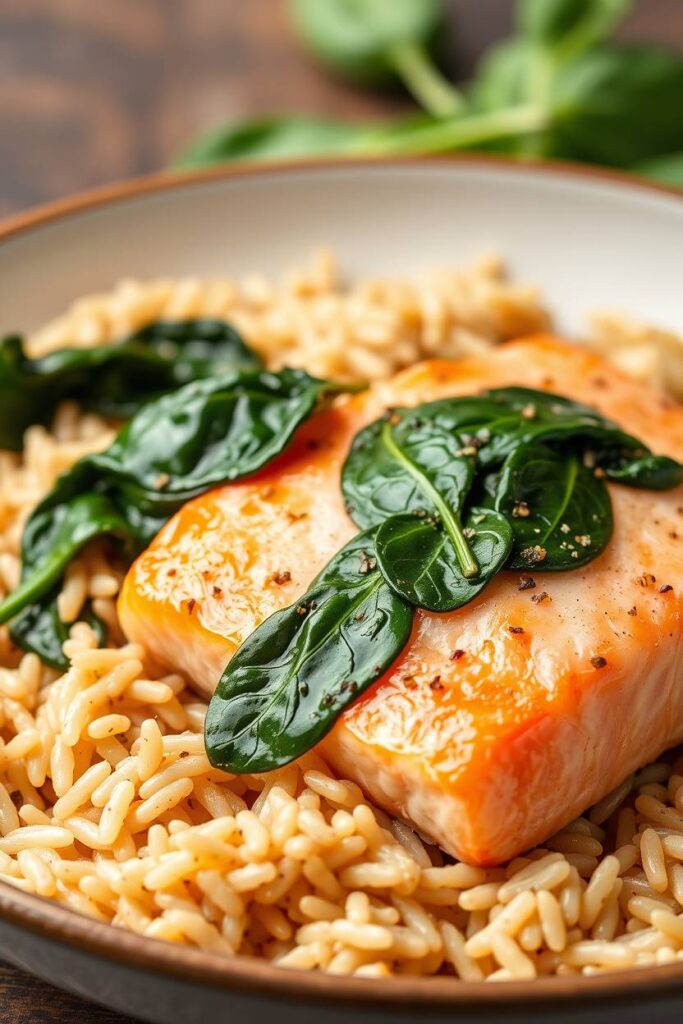 Salmon and Wild Rice with Garlic Spinach