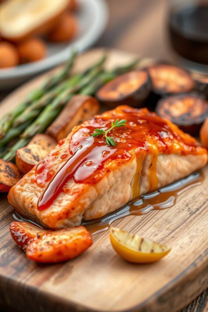 Salmon with Maple Dijon Glaze and Roasted Root Veggies