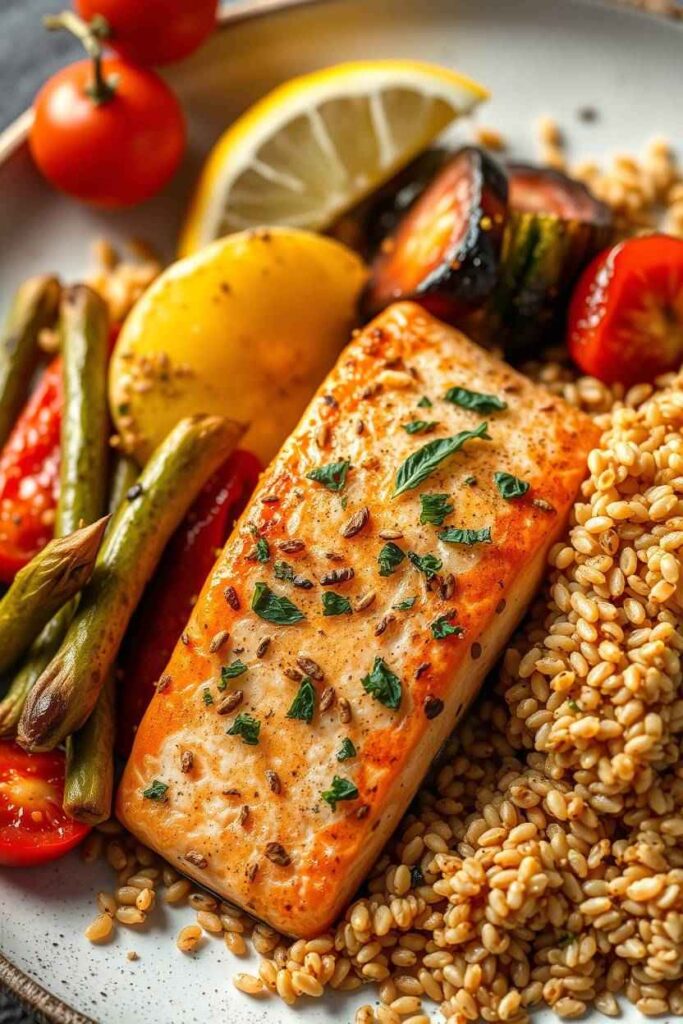 Salmon with Roasted Veggies and Farro