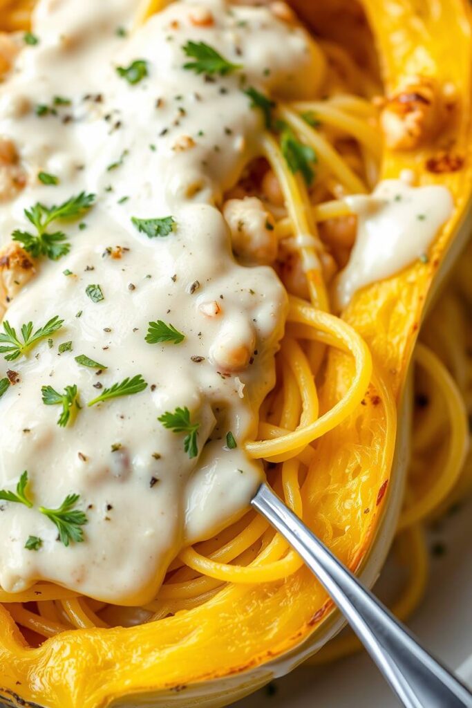 Spaghetti Squash with Chicken Alfredo Sauce