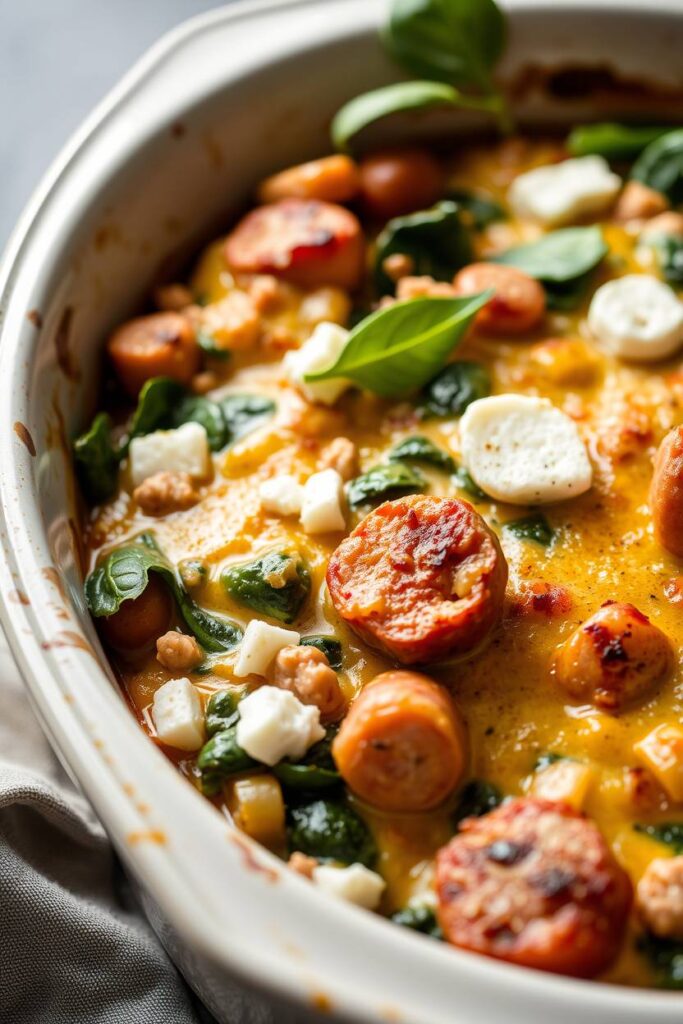 Spinach, Feta, and Turkey Sausage Casserole