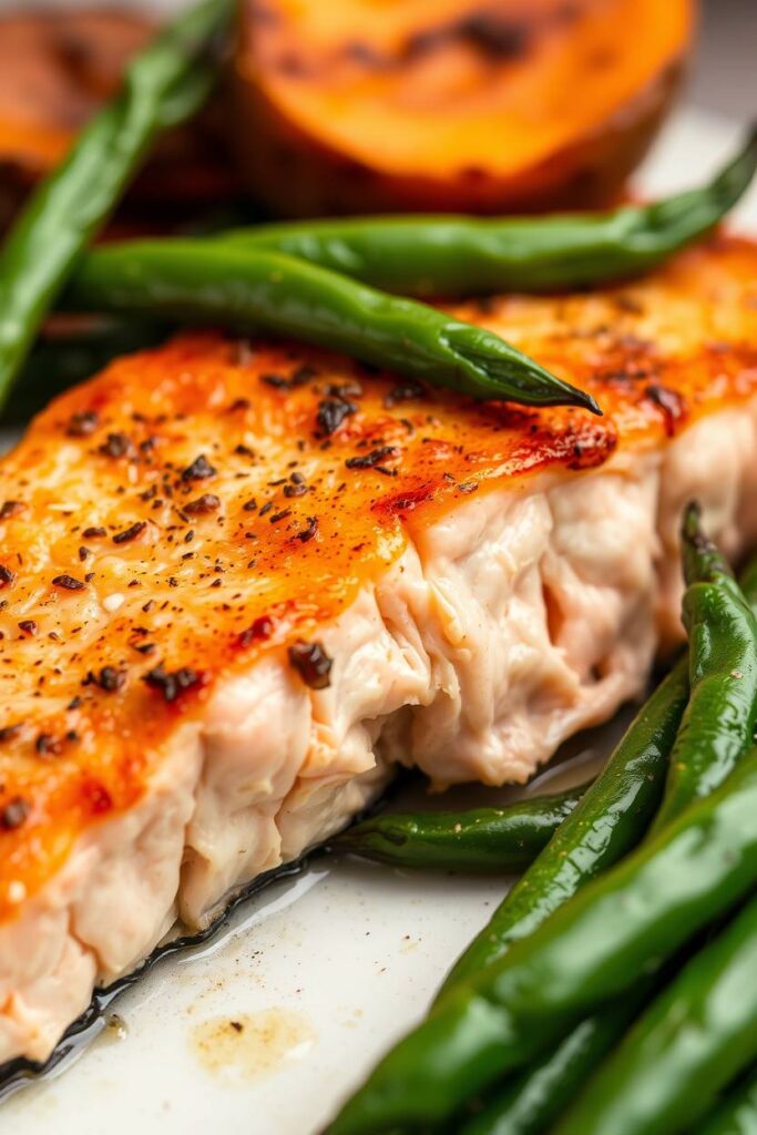Baked Salmon with Sweet Potato and Green Beans