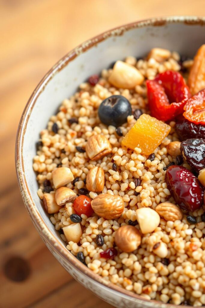 Quinoa Breakfast Bowl with Nuts and Dried Fruit
